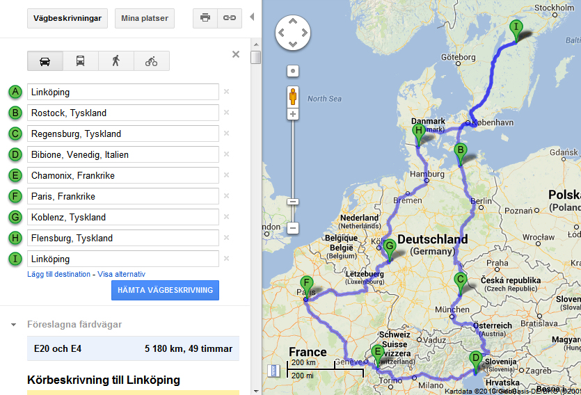 Bilsemester planering Google Maps
