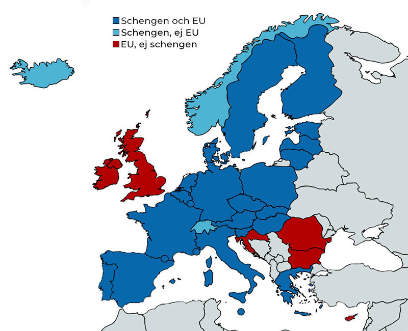Schengenländer, karta över länder som är med i Schengen