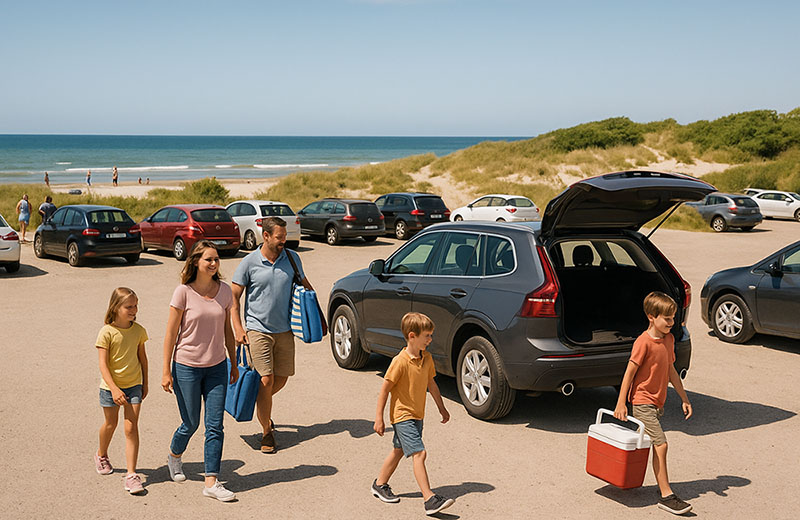 Familjen tar bilen till stranden