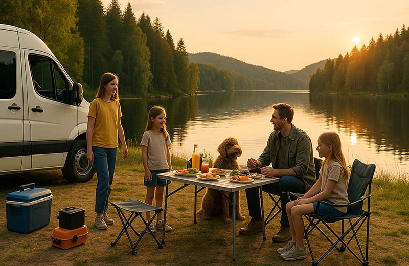 Familj med Camper Van vid svensk sjö